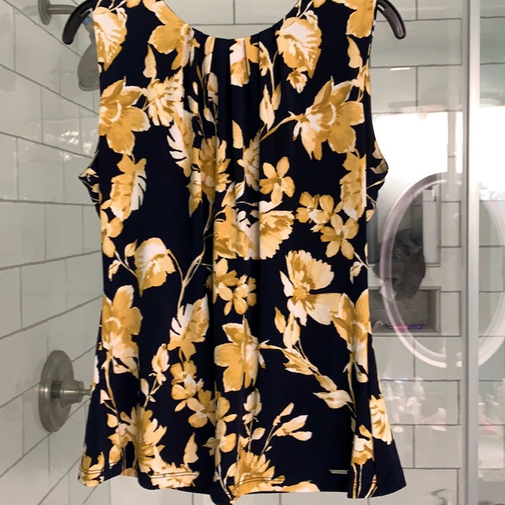 Calvin Klein Sleeveless Tank, navy with gold flowers NWT
